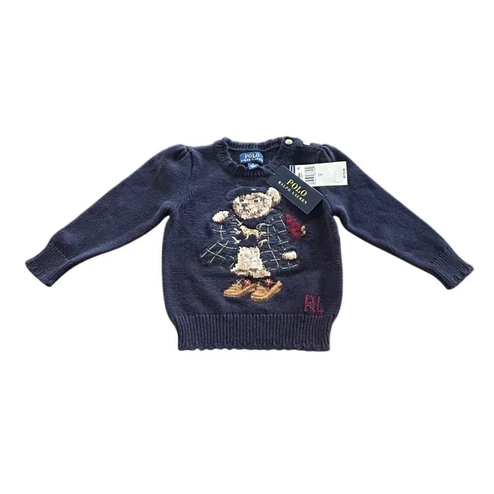 Ralph Lauren Polo Bear Cotton Sweater Kids Size 2 Scalloped Trim Preppy Classic